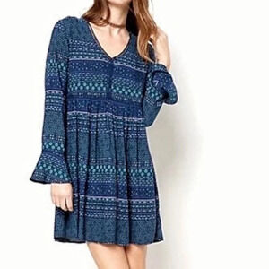 Boho Peasant Dress Long Sleeve Flare Patterned Flowy Dress Lace Eyelet Size XS